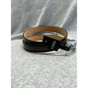Lebra Mens Black Belt Brown Stripe Genuine Leather Silver Buckle Sz 38-40 L NWT
